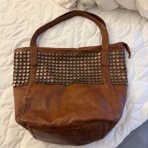 Brown Studded Leather Tote Bag